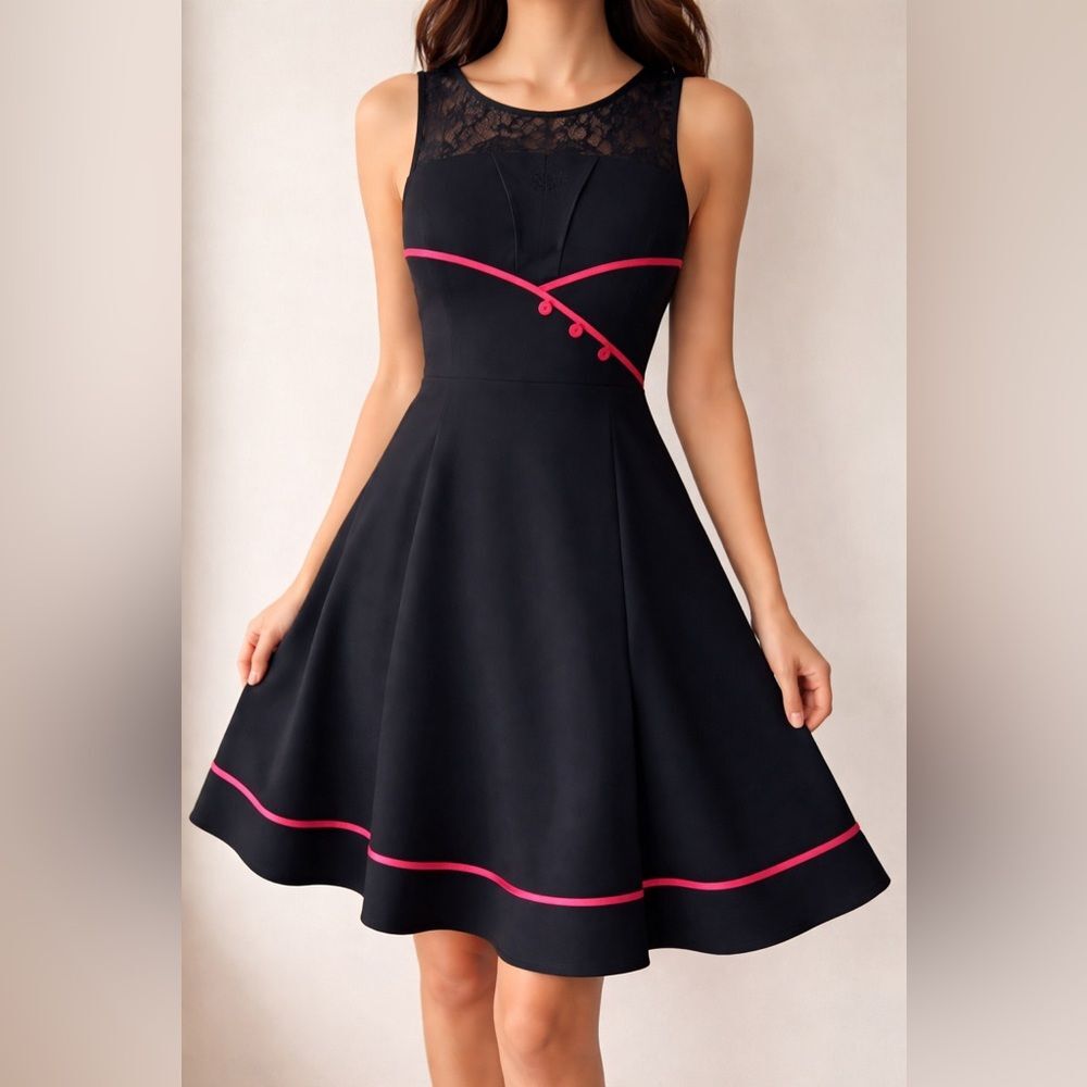 Women’s 2X Black Pink Retro Swing Dress Fit & Flare Rockabilly Pinup